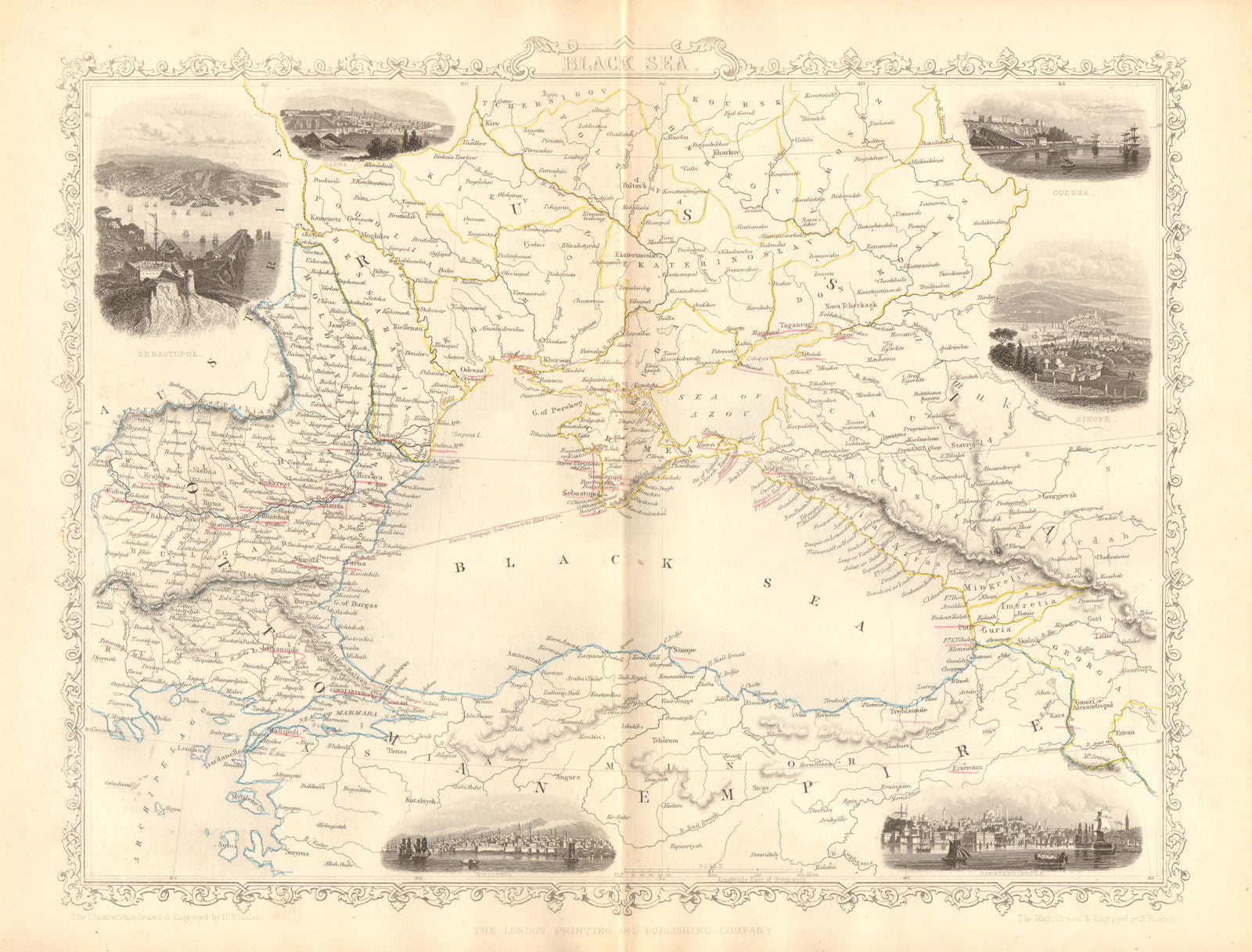 BLACK SEA Istanbul Odessa Sevastopol Sinop Varna views. TALLIS / RAPKIN 1860 map